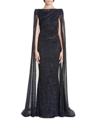 Talbot Runhof Off The Shoulder Sequined Dress With Cape