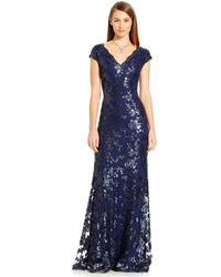 Adrianna Papell Sequin Embellished Cap Sleeve Gown