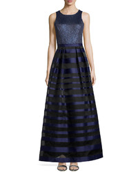 Kay Unger New York Sequined Bodice Striped Sleeveless Gown Navy