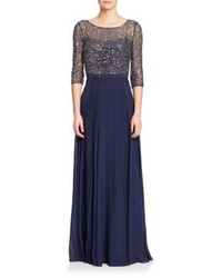Kay Unger Sequined Lace Chiffon Gown