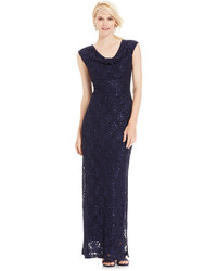 Connected Sequined Lace Cowl Neck Gown