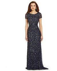 Adrianna Papell Short Sleeve Sequined Long Skirt Gown