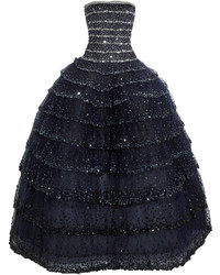Oscar de la Renta Tiered Sequin Embellished Tulle Gown