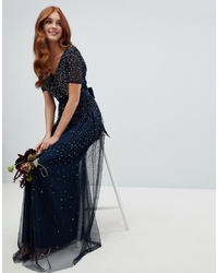 Maya V Neck Maxi Tulle Dress With Contrast Tonal Delicate Sequins In Navy Multi
