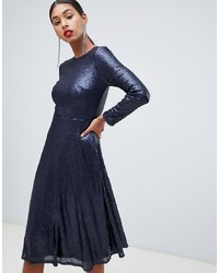 TFNC Long Sleeve Fit And Flare Sequin Midi Dress In Navy