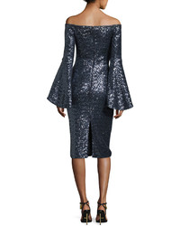 Theia Off The Shoulder Trumpet Sleeve Sequin Cocktail Dress