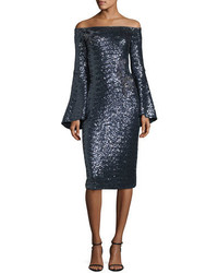 Theia Off The Shoulder Trumpet Sleeve Sequin Cocktail Dress