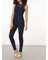 Navy Sequin Lace Shell Top