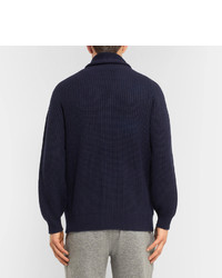 Brunello Cucinelli Shawl Collar Ribbed Wool Cashmere And Silk Blend Cardigan
