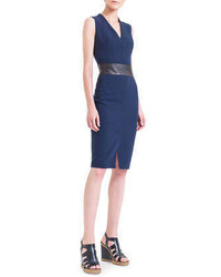 Akris Leather Trimmed Double Faced Sheath Dress Navy