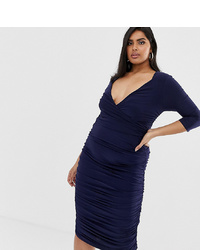 Koco & K Plus Soft Touch Plunge Front All Over Ruched Midi Cami Pencil Dress In Navy