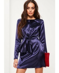 Missguided Purple Silky Tie Front Long Sleeve Shift Dress