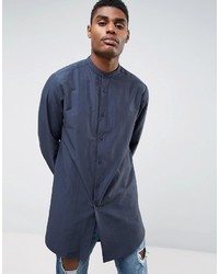 Asos Regular Fit Super Longline Shirt In Navy With Grandad Collar