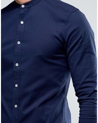 Asos Skinny Twill Shirt With Grandad Collar In Navy