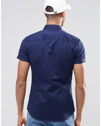 Asos Brand Skinny Shirt In Navy Twill With Short Sleeves