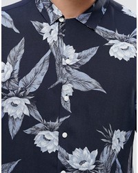 Asos Brand Tropical Shirt In Blue Viscose With Short Sleeves