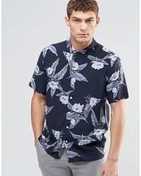 Asos Brand Tropical Shirt In Blue Viscose With Short Sleeves