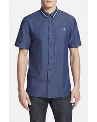 Fred Perry Extra Trim Fit Tape Collar Short Sleeve Chambray Sport Shirt