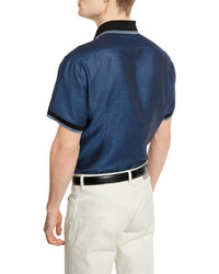 Brioni Geometric Print Short Sleeve Shirt With Contrast Trim Navy