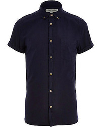 River Island Navy Blue Short Sleeve Oxford Shirt