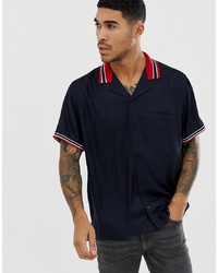 ASOS DESIGN Oversized Revere Shirt With Rib Insert In Navy