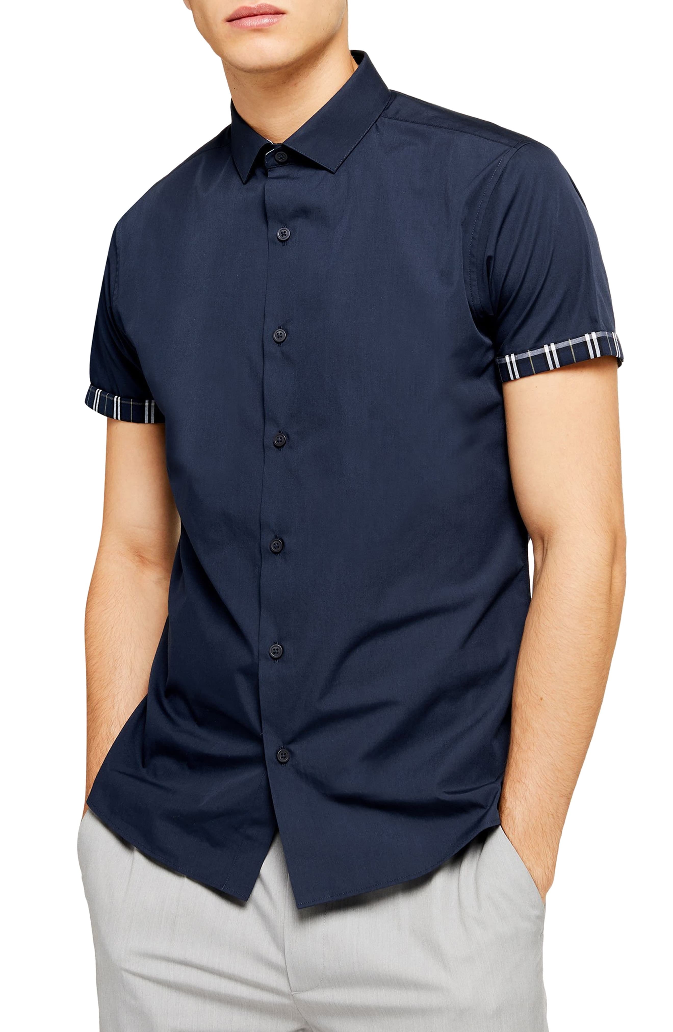 Topman Slim Fit Contrast Cuff Short Sleeve Button Up Shirt, $29