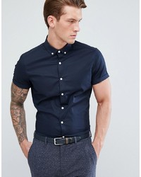 ASOS DESIGN Slim Shirt In Navy With Short Sleeves And Collar