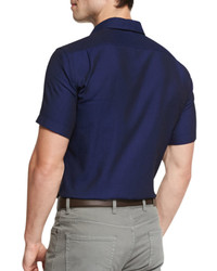 Ermenegildo Zegna Solid Short Sleeve Sport Shirt Navy