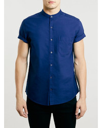Topman Blue Oxford Stand Collar Short Sleeve Casual Shirt