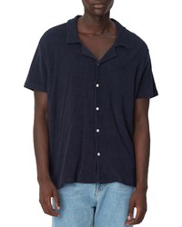 LES DEUX Towel Short Sleeve Cotton Button Up Shirt In Dark Navy At Nordstrom
