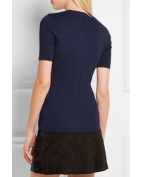 Frame Classic Ribbed Silk And Cashmere Blend Top Navy