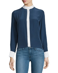 Frame Classic Two Tone Silk Blouse Navy