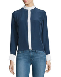 Frame Classic Two Tone Silk Blouse Navy