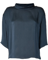 Lanvin Petrol Blue Silk Top With Stand Up Collar