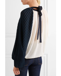 Marni Two Tone Pliss Silk And Cotton Blend Top Navy
