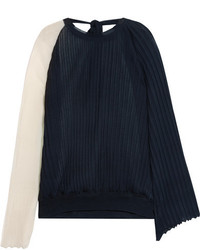 Marni Two Tone Pliss Silk And Cotton Blend Top Navy