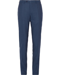Canali Blue Slim Fit Super 140s Wool Silk And Linen Blend Trousers
