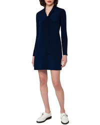 Akris Silk Crepe Long Sleeve Tie Neck Tunic Dress Blue