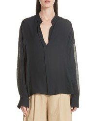 Vince Mixed Media Pullover Silk Blouse