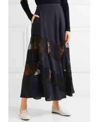Stella McCartney Lace Paneled Silk Maxi Skirt Midnight Blue