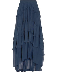 Chloé Ruffled Tiered Silk Mousseline Maxi Skirt Navy