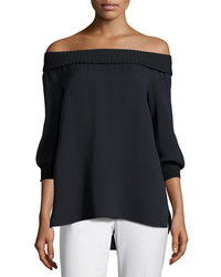Lafayette 148 New York Marlo Silk Off The Shoulder Blouse W Ribbed Trim