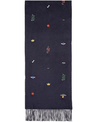 Gucci Navy Embroidered Silk And Cashmere Scarf