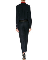 Celine Cline Silk Shirt In Navy With Ruby Collar