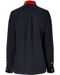 Celine Cline Silk Shirt In Navy With Ruby Collar