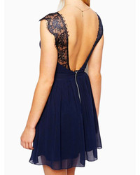Choies Navy Blue Backless Skater Dress With Lace Shoulder