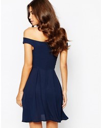 Love Off Shoulder Wrap Front Skater Dress With Box Pleat Skirt