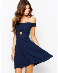 Love Off Shoulder Wrap Front Skater Dress With Box Pleat Skirt