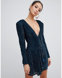 Missguided Peace Love Embellished Plunge Wrap Dress In Teal