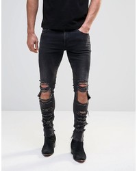 Asos Brand Extreme Super Skinny Jeans With Extreme Rips In Washed Black